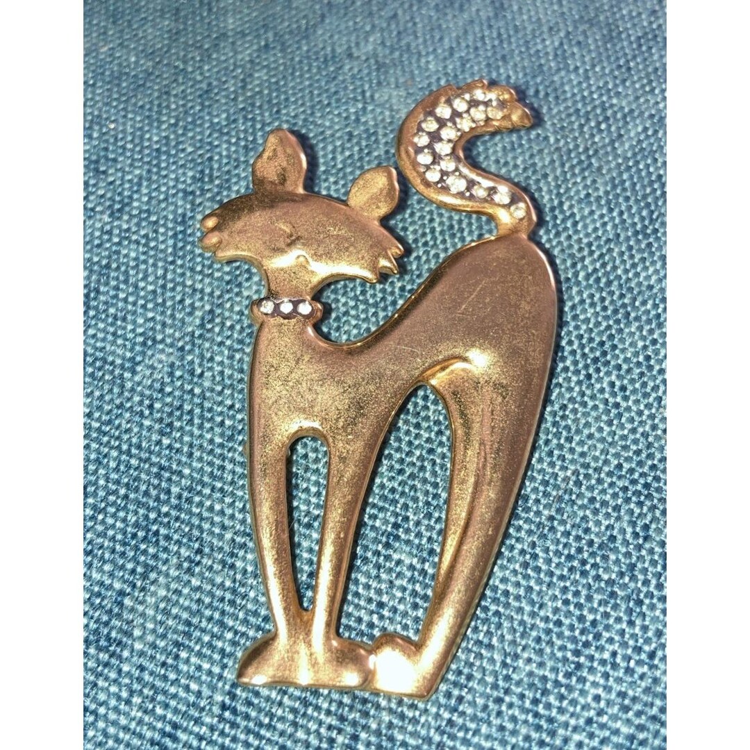 VINTAGE Gold Tone CAT PIN Brooch Enamel and Rhinestones - Etsy