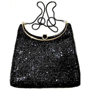 Classic Elegance. Cocktail Bag. Black Metallic Mesh- Chain Style Strap. Shiny.