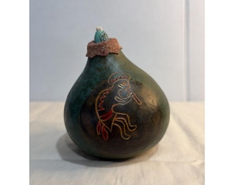 Vintage Signed Kokopelli Gourd Oil Lamp 1999 Southwestern Folk Art 4" X 3"