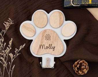 Custom Paw Print Hook for Dogs, Personalized Leash & Collar Holder, Wooden Pet Organizer, Name Engraved Pet Gift, Dog Wall Hanger