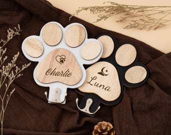 Gancho de pared personalizado con huella de perro, soporte para correa de mascota personalizado, soporte de madera para collar, colgador con huella grabada, organizador de accesorios para perros