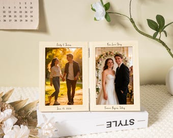 Gepersonaliseerde opvouwbare fotolijst, aangepaste gegraveerde dubbele fotolijst, houten scharnierende lijst, verjaardag familiecadeau