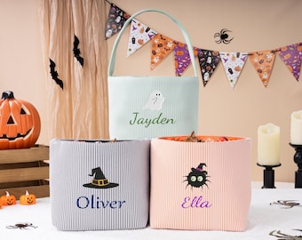 Monogrammed Seersucker Trick or Treat Bag: Embroidered Halloween Candy Tote