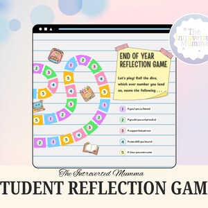 May include: A colorful student reflection game board with a spiral path, featuring numbers and illustrations of a backpack, gift, and book. The game includes prompts for self-reflection. The text reads "End of Year Reflection Game" and "Student Reflection Game".