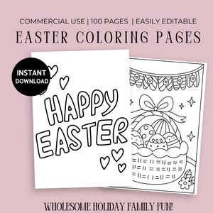 以下が含まれることがあります： 黒と白の印刷可能な塗り絵ページで、イースターをテーマにしたイラストが描かれています。1ページには「ハッピーイースター」とハートが書かれており、もう1ページにはリボンとバナーが付いた卵の入ったバスケットが描かれています。