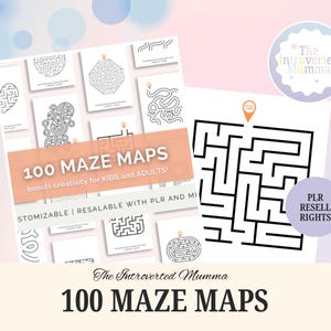 Puede incluir: Imagen que muestra 100 mapas de laberintos, diseñados para impulsar la creatividad de niños y adultos. La imagen presenta varios diseños de laberintos, con el texto "100 MAZE MAPS". Incluye "PLR RESELL RIGHTS".