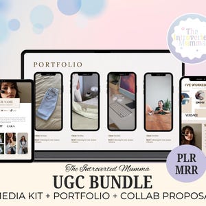 Może przedstawiać: Cyfrowy pakiet UGC wyświetlany na tablecie i smartfonach. Tablet pokazuje zestaw mediów, a telefony przykłady portfolio i prace klientów. Pakiet zawiera zestaw mediów, portfolio i propozycję współpracy. Tekst mówi "UGC BUNDLE".