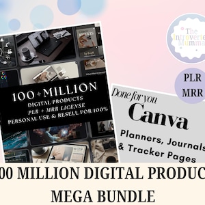 Può includere: Un pacchetto di prodotti digitali con il testo "100+ MILLION DIGITAL PRODUCTS" e "PLR + MRR LICENSE". L'immagine include un modello Canva per planner, diari e pagine di monitoraggio. Il pacchetto è per uso personale e rivendita.
