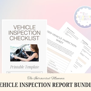 Könnte beinhalten: Ein Bündel von Vorlagen für Fahrzeugprüfberichte. Das Hauptdokument ist eine weiße Checkliste mit dem Text "VEHICLE INSPECTION CHECKLIST" und einem Foto einer Person am Steuer. Das Bündel enthält ein "USED VEHICLE INSPECTION SHEET".