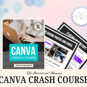 Könnte beinhalten: Ein teal-farbenes und weißes Canva Crash Course-Grafik mit dem Text "CANVA CRASH COURSE" und "PRIVATE LABEL RIGHTS". Das Bild zeigt eine Person, die einen Laptop benutzt, und Screenshots von Canva-Tutorials. Das Introverted Mumma-Logo befindet sich oben rechts.