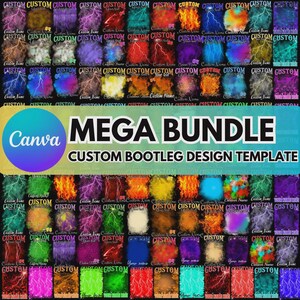 May include: A digital design template bundle with a variety of colorful backgrounds and lightning bolt graphics. The text "MEGA BUNDLE" and "CUSTOM BOOTLEG DESIGN TEMPLATE" are prominently displayed, along with the Canva logo.