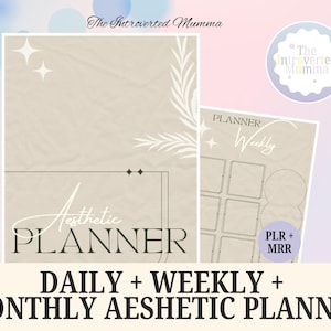 May include: Aesthetic planner with a beige background. The planner includes daily, weekly, and monthly layouts. The text "Aesthetic Planner" is displayed in a stylish font. The image also includes the text "The Introverted Mumma".