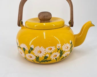Vintage Yellow Enamel Daisy Tea Kettle Floral Wood Handle Mid Century Pot