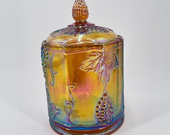 Indiana Glass Harvest Grape Marigold Carnival Glass Biscuit Jar with Lid 7.5in