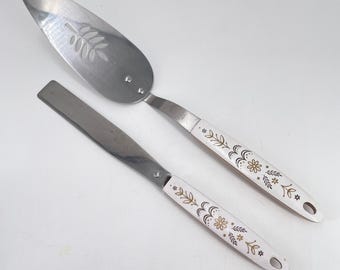 Vintage Flint Stainless Steel Pie Server and Spreader Set Floral MCM USA