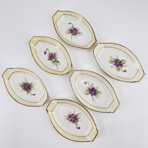 6 Antique Nippon Hand Painted Porcelain Nut Dish Butter Pat 4" x 2.25" Violets