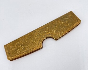 Antique Gold Tone Embossed Floral Comb Case Victorian Repousse Brass Sleeve