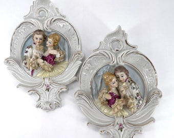 KPM Germany Porcelain Wall Plaques Pair 9" Courting Couple Ornate Lace Rococo