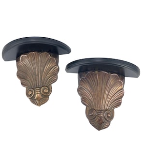 Vtg 1992 Brass Shell Corbel Wall Shelves Pair Black Wood Top Hollywood Regency
