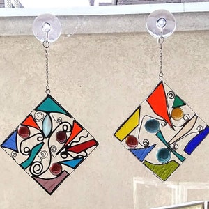 Stained glass Suncatcher free form diamond rainbow colors