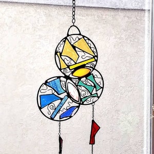 Stained Glass Sun Catcher abstract art mobile rainbow colors free form circles