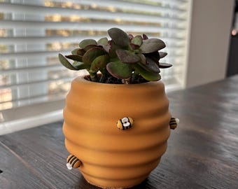 Bee Hive Succulent Planter: 3D Printed Gold Pot with Bees