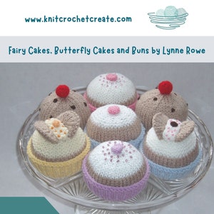 Knitted cakes, currant buns, fairy cakes, cupcakes, butterfly cakes, on a cake stand plate. Image showing digital pattern for knitted cakes.