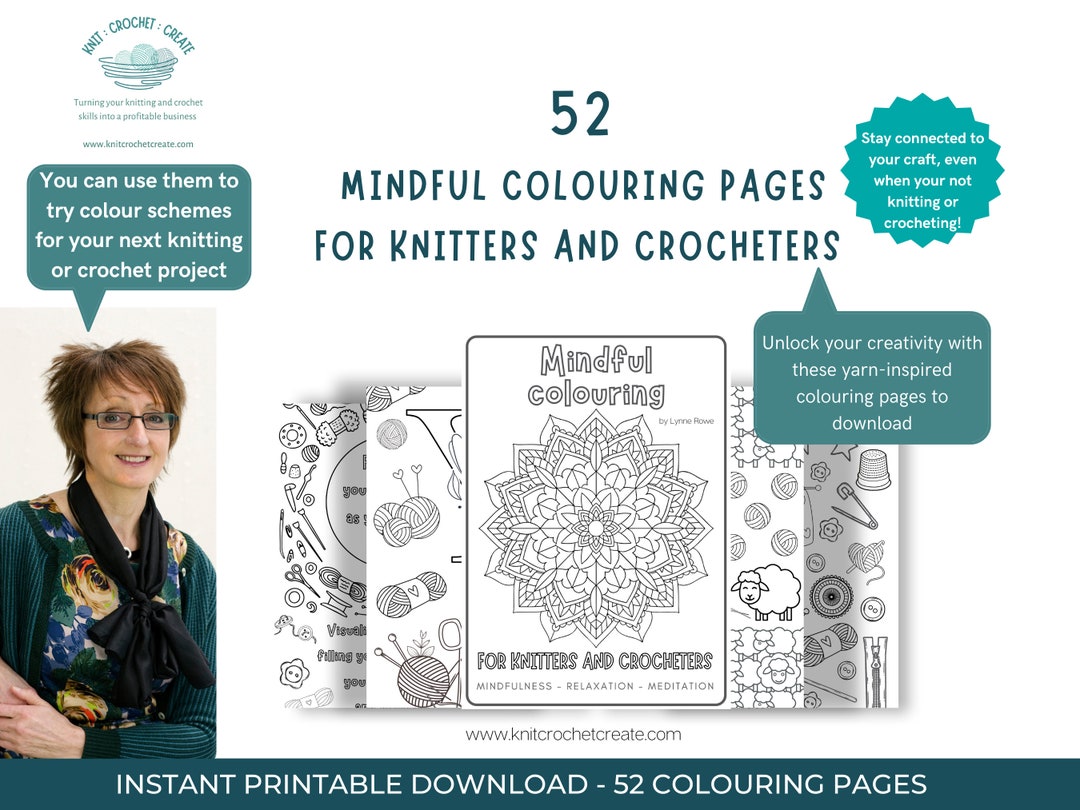 Mindful Colouring Pages PDF to Print Knitting and Crochet Themed Drawings Adult Coloring Book