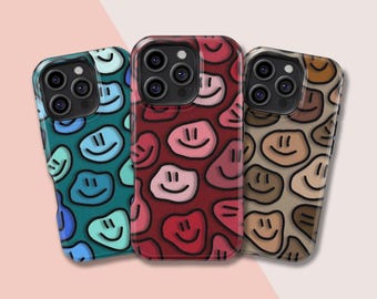 Retro Trippy Smiley Face Phone Case, iPhone 16 15 14 13 12 11 X Xs 8 Max Pro Plus Magsafe Samsung Galaxy S25 S24 S23 S22 S21 Ultra Gift