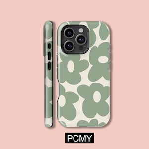 May include: A sage green and cream floral phone case. The case has a repeating pattern of stylized flowers. The side view of the case is also visible. The text "PCMY" is printed in a black rectangle at the bottom.