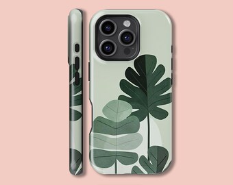 May include: A phone case featuring a botanical design. The case is light green with dark green leaf illustrations. The case has a black camera lens and the text "PCMY" at the bottom.