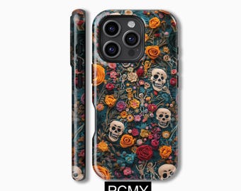 Gothic Blumen Skelett iPhone Hülle, iPhone 16 15 14 13 12 11X Xs 8 Max Pro Plus Magsafe Samsung Galaxy S25 S24 S23 S22 S21 Ultra Geschenk