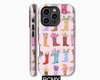 May include: A pink phone case featuring a pattern of cowboy boots filled with flowers. The boots are in various colours and styles, including pink, blue, green, and yellow. The case has a cut-out for the camera lens.