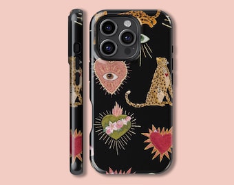 May include: Black phone case with a repeating pattern of leopard print, hearts, and an eye. The case has a glossy finish and features the text "PCMY" at the bottom. The design includes a sitting leopard and a heart with an eye.