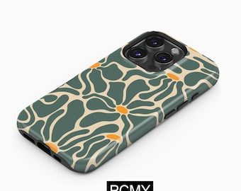 May include: A phone case with a floral design. The case has a pattern of green, cream, and orange flowers. The text "PCMY" is printed in a black rectangle at the bottom of the case.
