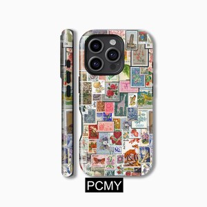 May include: A phone case featuring a colourful collage of vintage postage stamps from around the world. The case showcases a variety of stamps with different designs, including animals, flowers, and landscapes. The case is made from durable plastic and has a clear back to display the design.