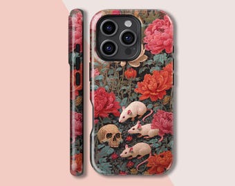 Skull And Mice in Flower Phone Case,iPhone 17 16 15 14 13 12 11 X Xs 8 Max Pro Plus Magsafe Samsung Galaxy S25 S24 S23 S22 S21 Ultra Gift
