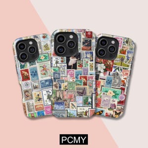 May include: Three phone cases adorned with a collage of vintage postage stamps. The cases display a variety of colourful stamps with floral, animal, and architectural designs. The cases have a black camera lens cutout and the text "PCMY" at the bottom.