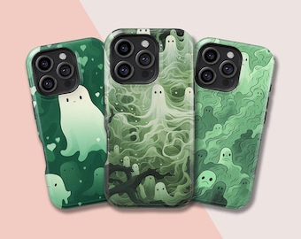 Funda para teléfono con diseño de fantasma verde de Halloween, para iPhone 17, 16, 15, 14, 13, 12, 11, X, XS, 8 Max, Pro Plus, Magsafe, Samsung Galaxy S25, S24, S23, S22, S21 Ultra, regalo