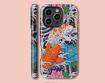 Artistieke Koi Visvijver Telefoonhoesje, iPhone 16 15 14 13 12 11 X Xs 8 Max Pro Plus Magsafe Samsung Galaxy S25 S24 S23 S22 S21 Ultra Cadeau