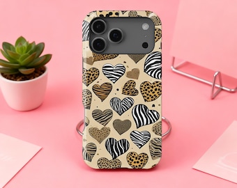 Luipaardprint harten telefoonhoesje, iPhone 17 16 15 14 13 12 11 X Xs 8 Max Pro Plus Magsafe Samsung Galaxy S25 S24 S23 S22 S21 Ultra cadeau