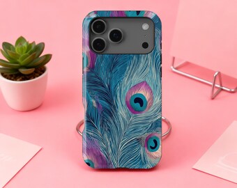 Chic Pfauenfeder Handyhülle, iPhone 17 16 15 14 13 12 11 X Xs 8 Max Pro Plus Magsafe Samsung Galaxy S25 S24 S23 S22 S21 Ultra Geschenk