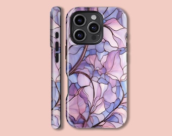 Purple Glass Flower Phone Case,Floral Artful,iPhone 16 15 14 13 12 11X Xs Max Pro Plus Magsafe Samsung Galaxy S25 S24 S23 S22 S21 Ultra Gift