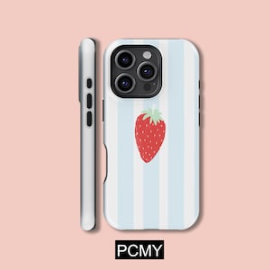 Strawberry Blue Stripes Handyhülle, iPhone 16 15 14 13 12 11 X Xs 8 Max Pro Plus Magsafe Samsung Galaxy S25 S24 S23 S22 S21 Ultra Geschenk