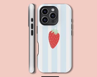 Strawberry Blue Stripes Phone Case,iPhone 16 15 14 13 12 11 X Xs 8 Max Pro Plus Magsafe Samsung Galaxy S25 S24 S23 S22 S21 Ultra Gift