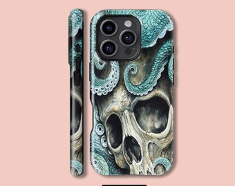 May include: A phone case featuring a detailed illustration of a skull with teal octopus tentacles. The case has a matte finish and a black border. The text "PCMY" is printed at the bottom.