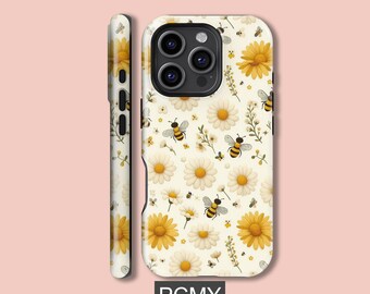 Sunflower and Bees Phone Case,iPhone 16 15 14 13 12 11 X Xs 8 Max Pro Plus Magsafe Samsung Galaxy S25 S24 S23 S22 S21 Ultra Gift
