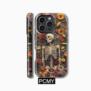 May include: A phone case featuring a skeleton surrounded by colourful flowers. The skeleton is white and the flowers are red, orange, yellow and purple.