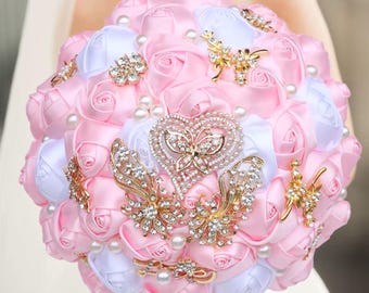 Handmade Rhinestone Silk Rose Bouquet: Elegant Bridal Bridesmaid Bouquet