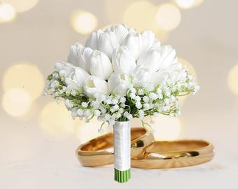 Ramo de novia, ramo de novia blanco, tulipanes artificiales blancos, ramo de tulipanes artificiales blancos, ramos de flores artificiales rosas, ramos de novia